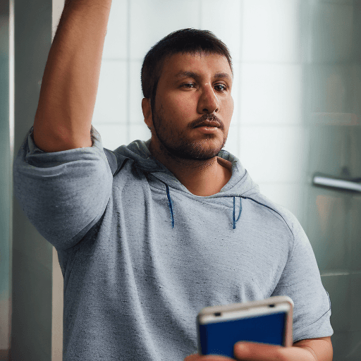 AI generated: High resolution photography of a man in front of a mirror with the word towelhand, using his mobile ...
