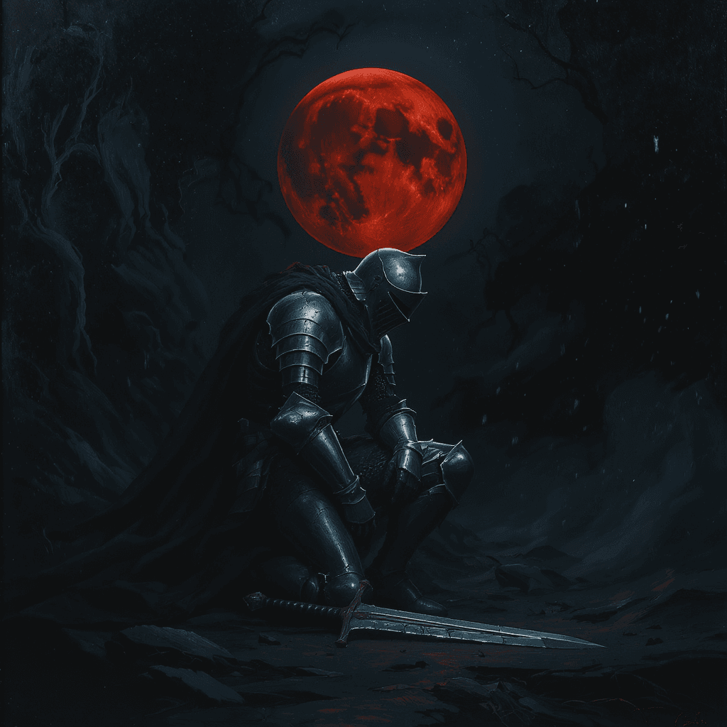 AI generated: knight in cracked silver armor kneeling beneath a blood-red moon, dark fantasy style, ethereal light...