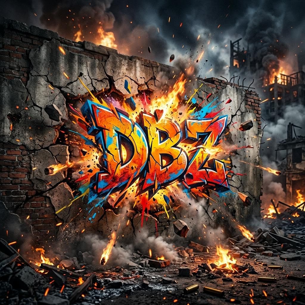 AI generated: on the wall in colorful REALISTIC 3d graffiti the words "DBZ" are exploding letters jumping off the ...