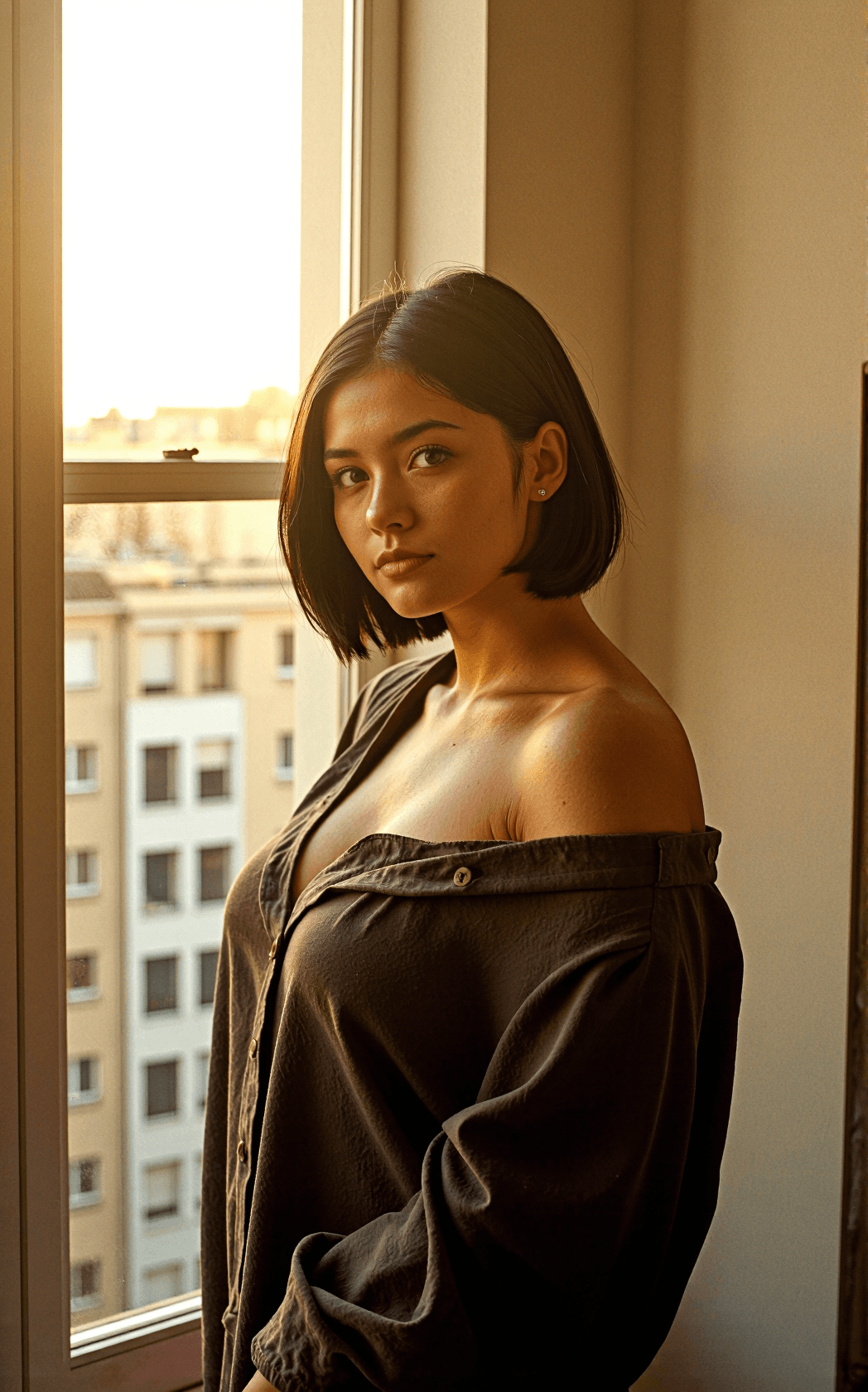AI generated: A curvy young woman with a sleek jet-black bob cut grazing her jawline, soft waves tucked behind one...