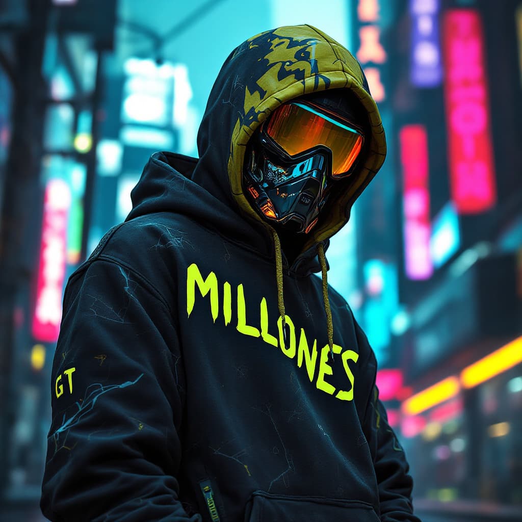 AI generated: cyberpunk GTA, DRAGON BALL GT  CHARACTER,  WEARING A SWEATER  WITH THE TEXT  "MILLONES" WITH HORROR ...