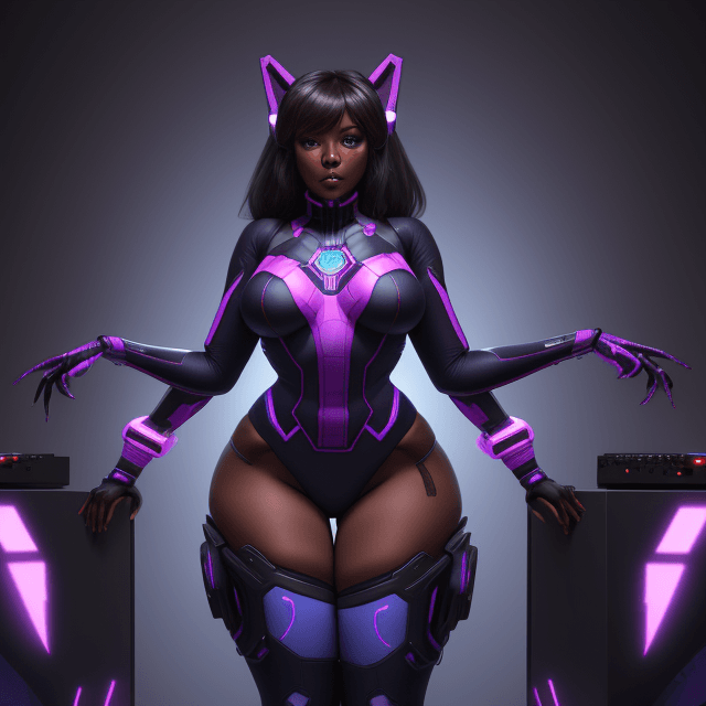 AI generated: dark skin, adult, D.va, thick thighs, chest, futuristic tech, hypnotic, DJ, evil, spider