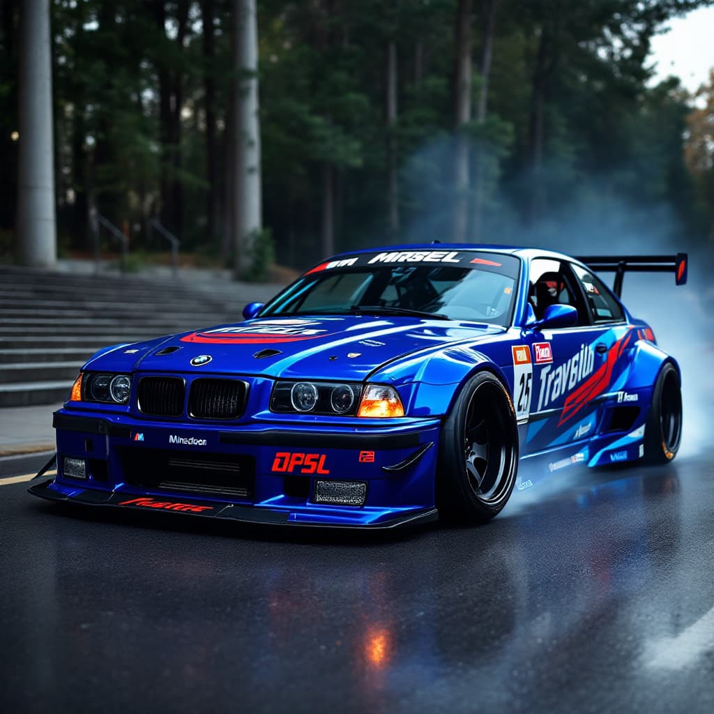 AI generated: bmw m3 e36 drift car blue with race livery on drift race 