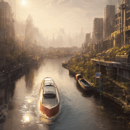 AI generated: photo of a ultra realistic river canal in an apocalyptic city by frank lloyd wright, james gurney, k...