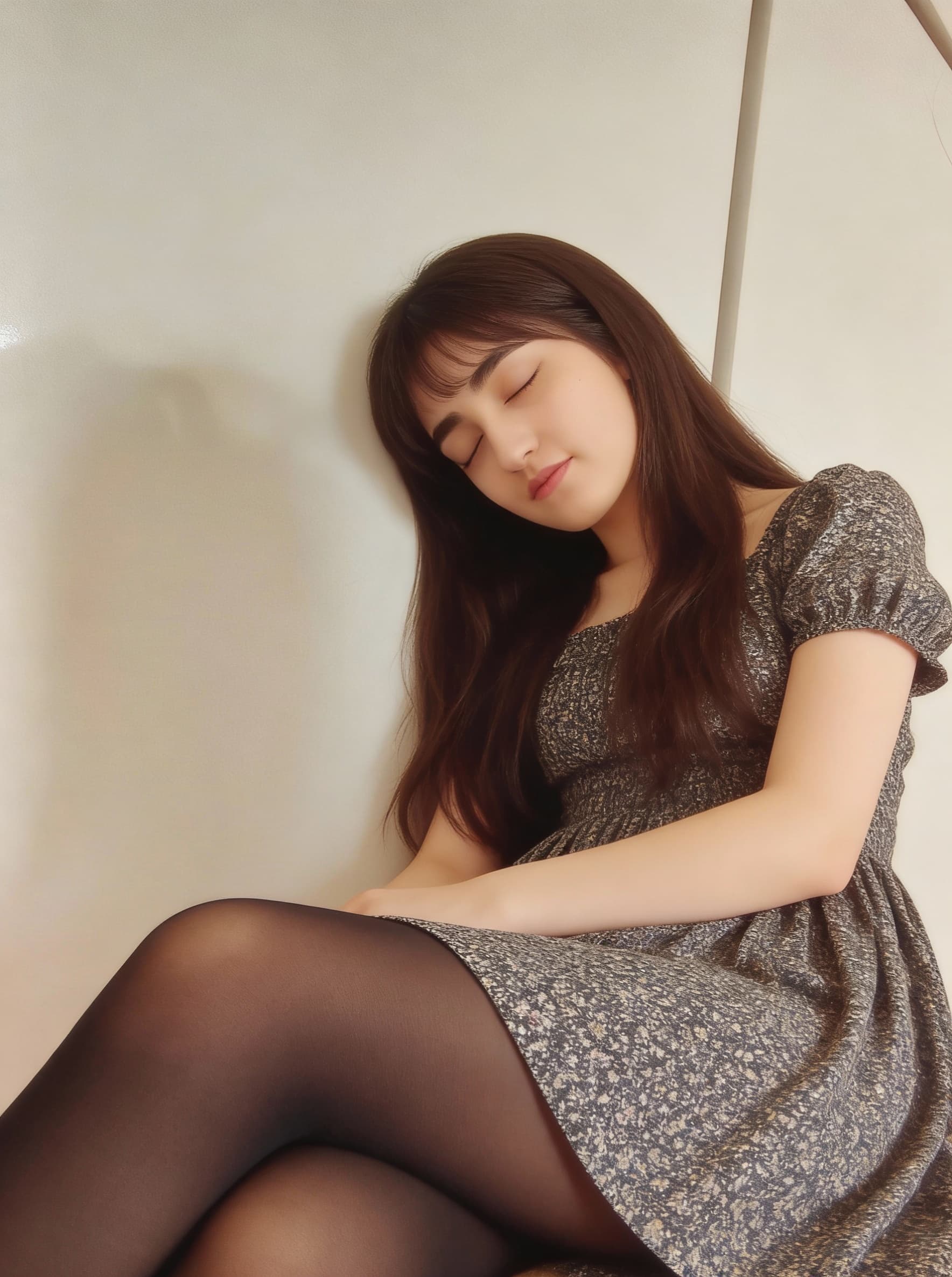 AI generated: An 18-year-old girl with a body in a dress is sleeping under a tights.