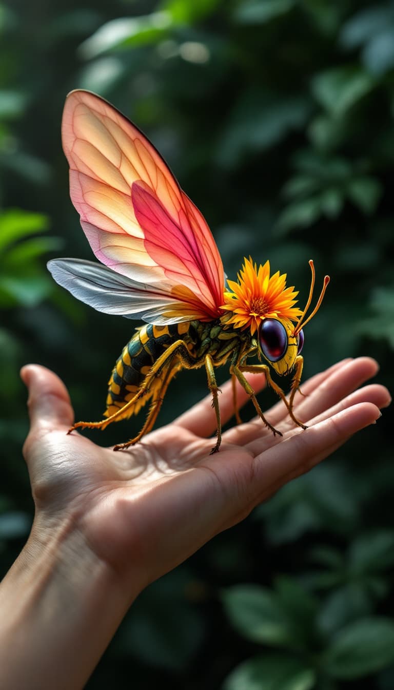AI generated: A hyper-realistic flying hybrid of an insect and a plant with flower features, sitting on a hand. De...