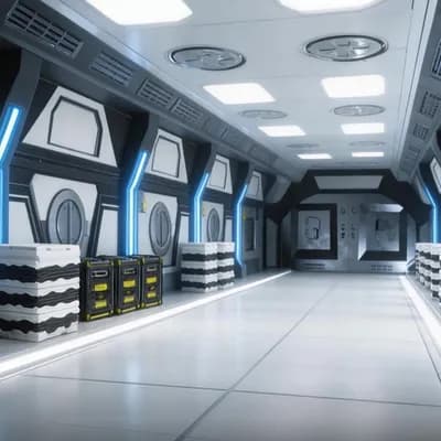 AI generated video: Slow cinematic first-person rotational camera movement inside a futuristic lunar-base corridor junct...