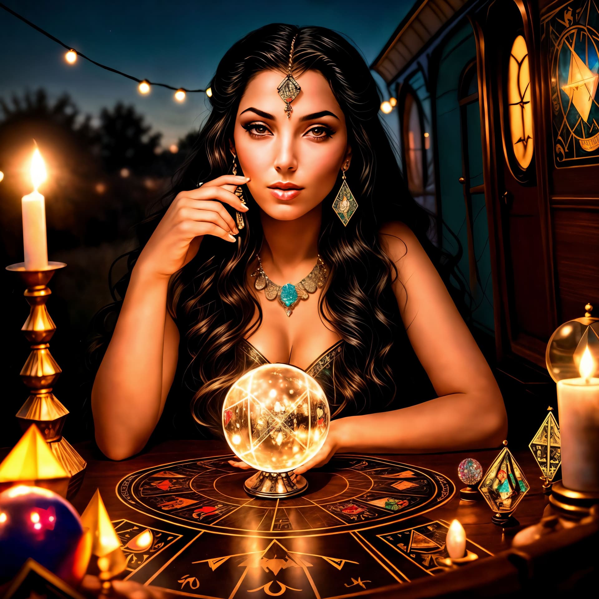 AI generated: raw photo of stunningly beautiful gypsy fortune teller <lora:debbyhair100:1> in 50s pinup style, lon...