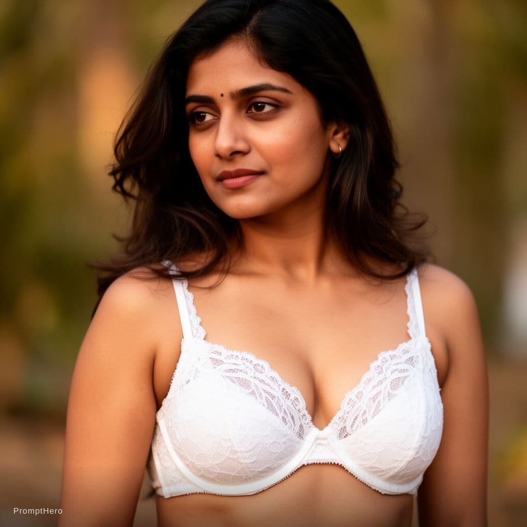 AI generated: Indian woman wearing white lace bra with nipples visible erotic.
