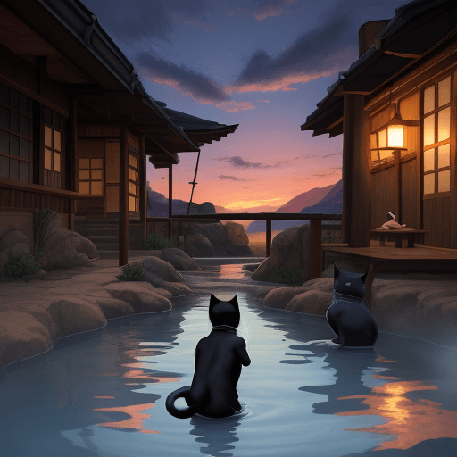AI generated: ninja cat, dangerous mission, hot springs, treasure, dusk