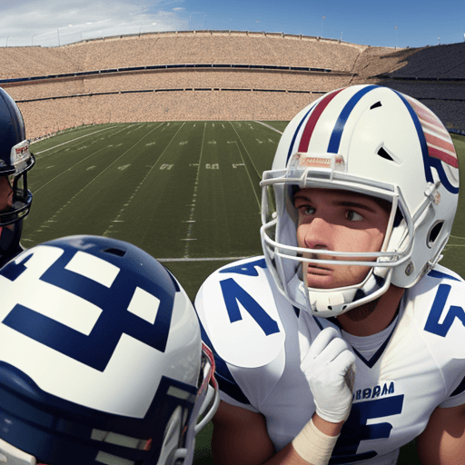 AI generated: panoramic image of a team oAmerican football players, wearing white helmets, looking straight into t...