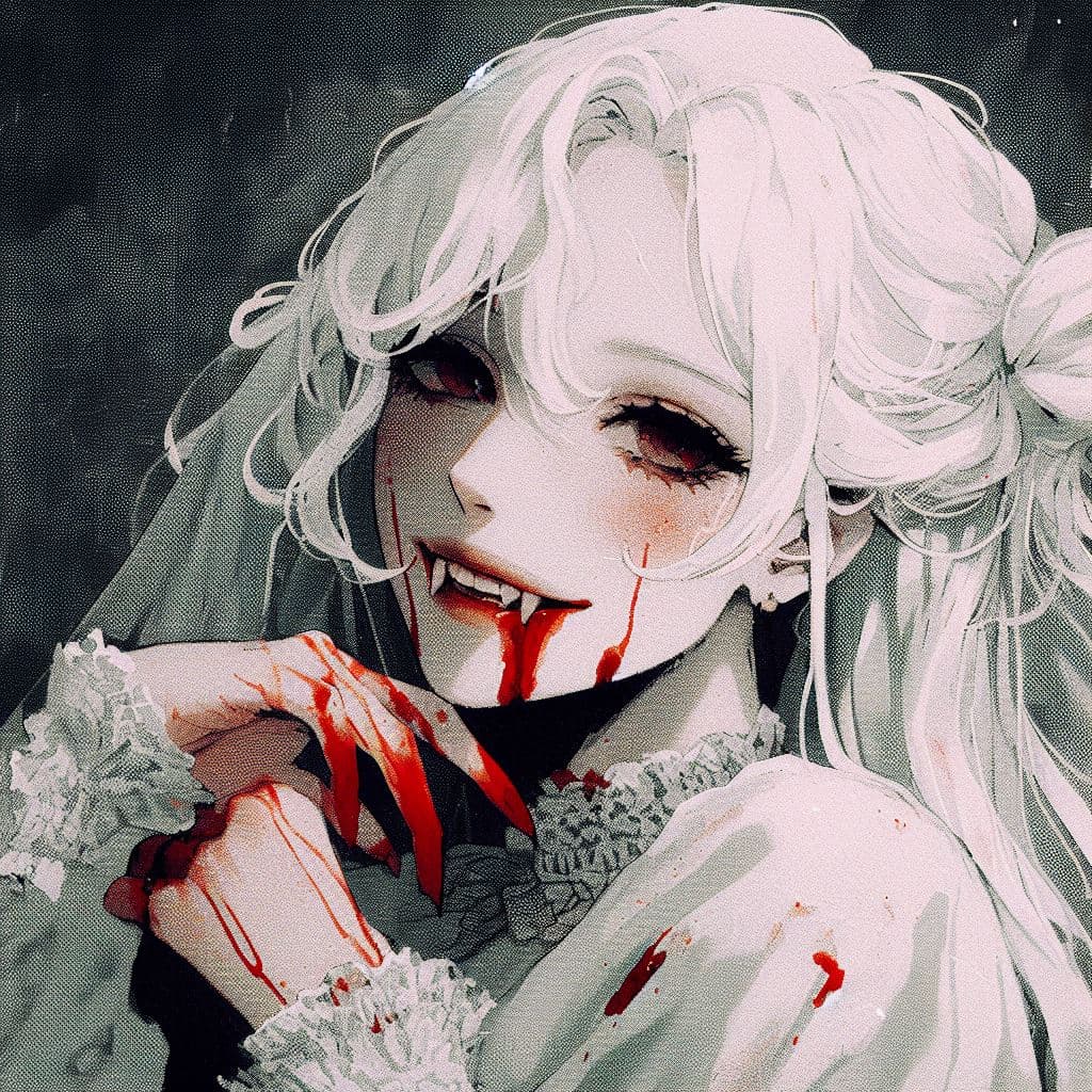 AI generated:  Vampire girl with white hair, blood on her lips, smiling, wearing a dress form eighteen century, a ...
