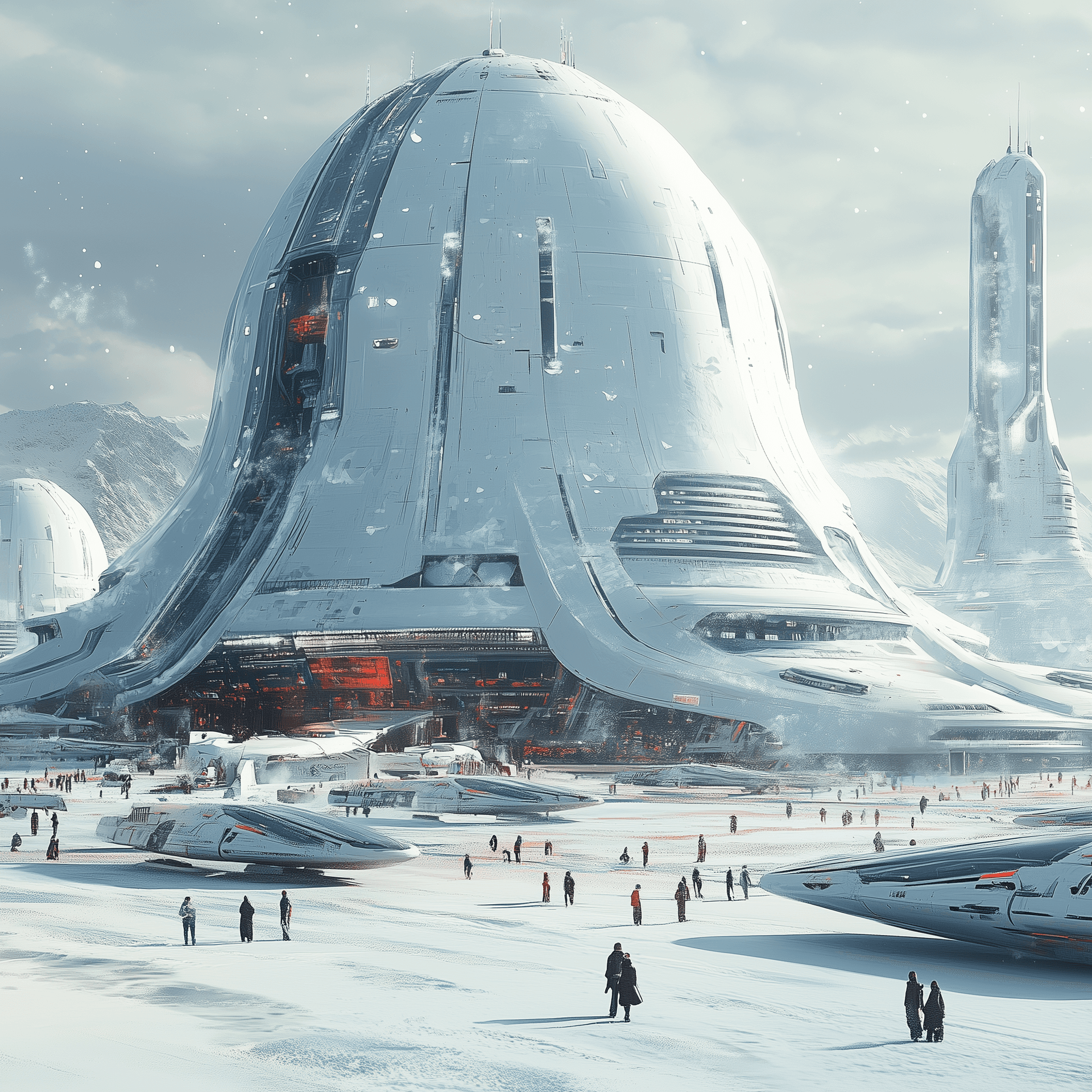 AI generated: A large spaceport with many spaceships parked, people walking around the area. In front of it is an ...