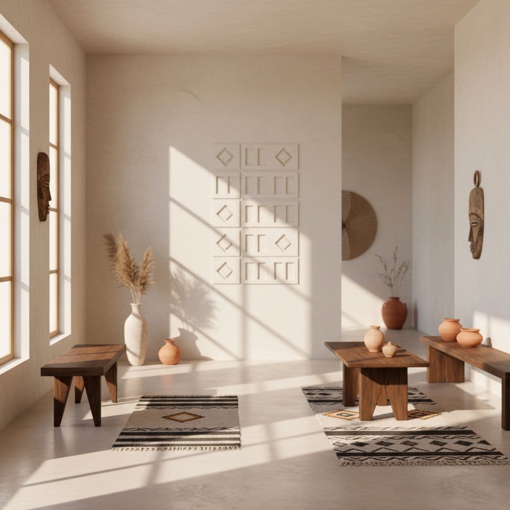 AI generated: place her in a modern African themed minimalist design . bright with cinematic lighting 