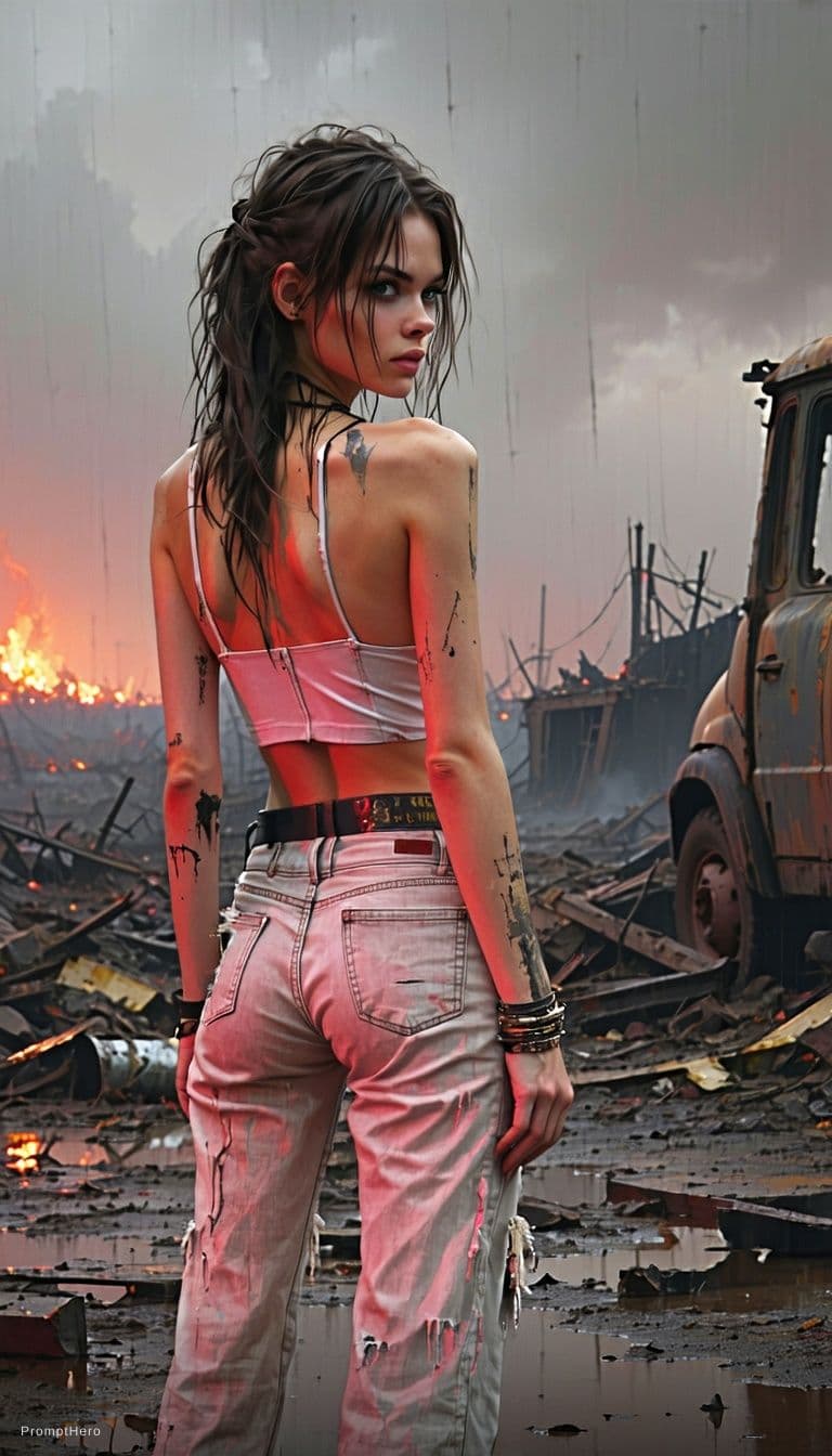 AI generated: Photo of a rich girl, looking back, in a dark area, light illumination in front, post-apocalyptic, d...