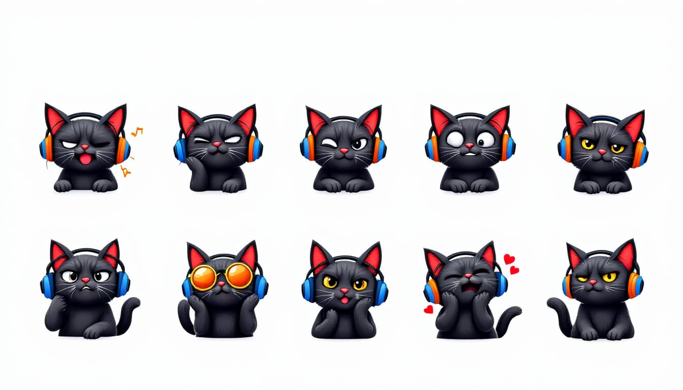 AI generated: Emoji pack featuring a black cat wearing headphones, immersed in the world of music. Expressions inc...