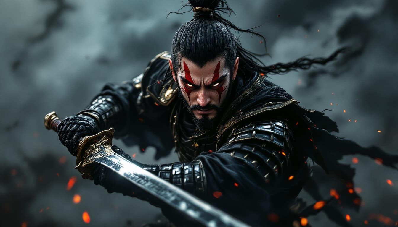 AI generated: Emerging from a tumultuous backdrop of swirling smoke and shadows, a fierce samurai warrior commands...