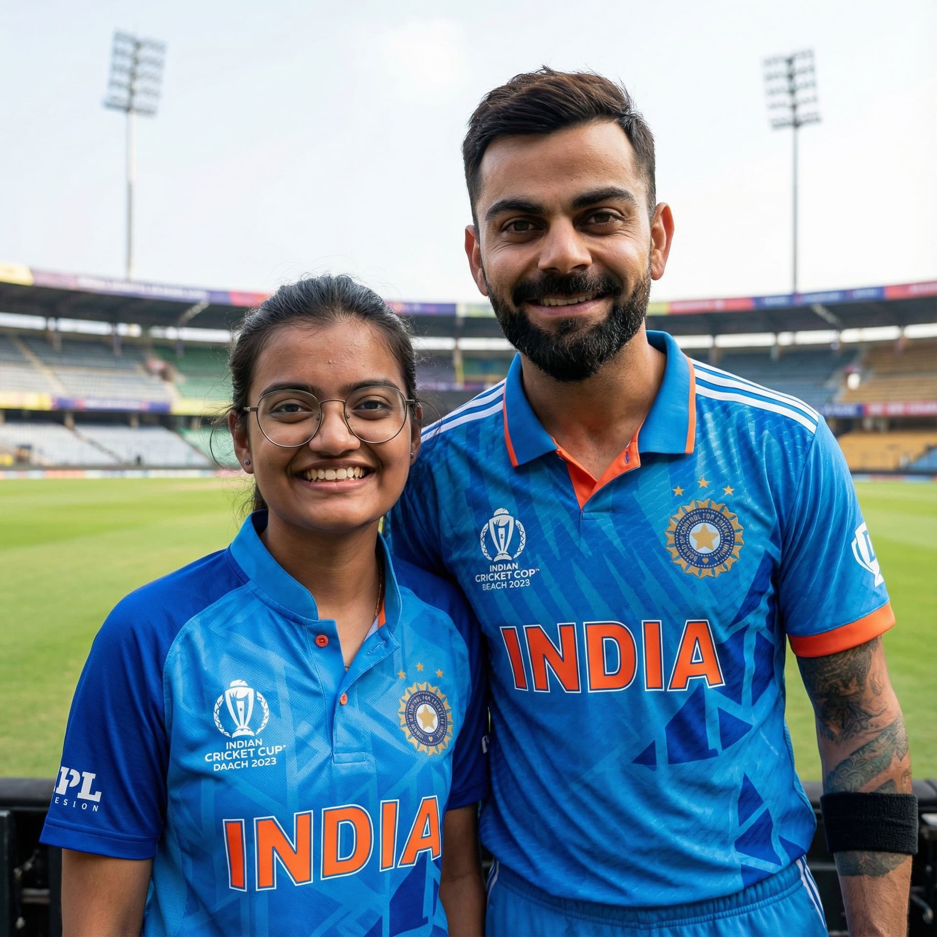 AI generated: A realistic high-quality photo of me standing beside a famous Indian cricketer resembling Virat Kohl...