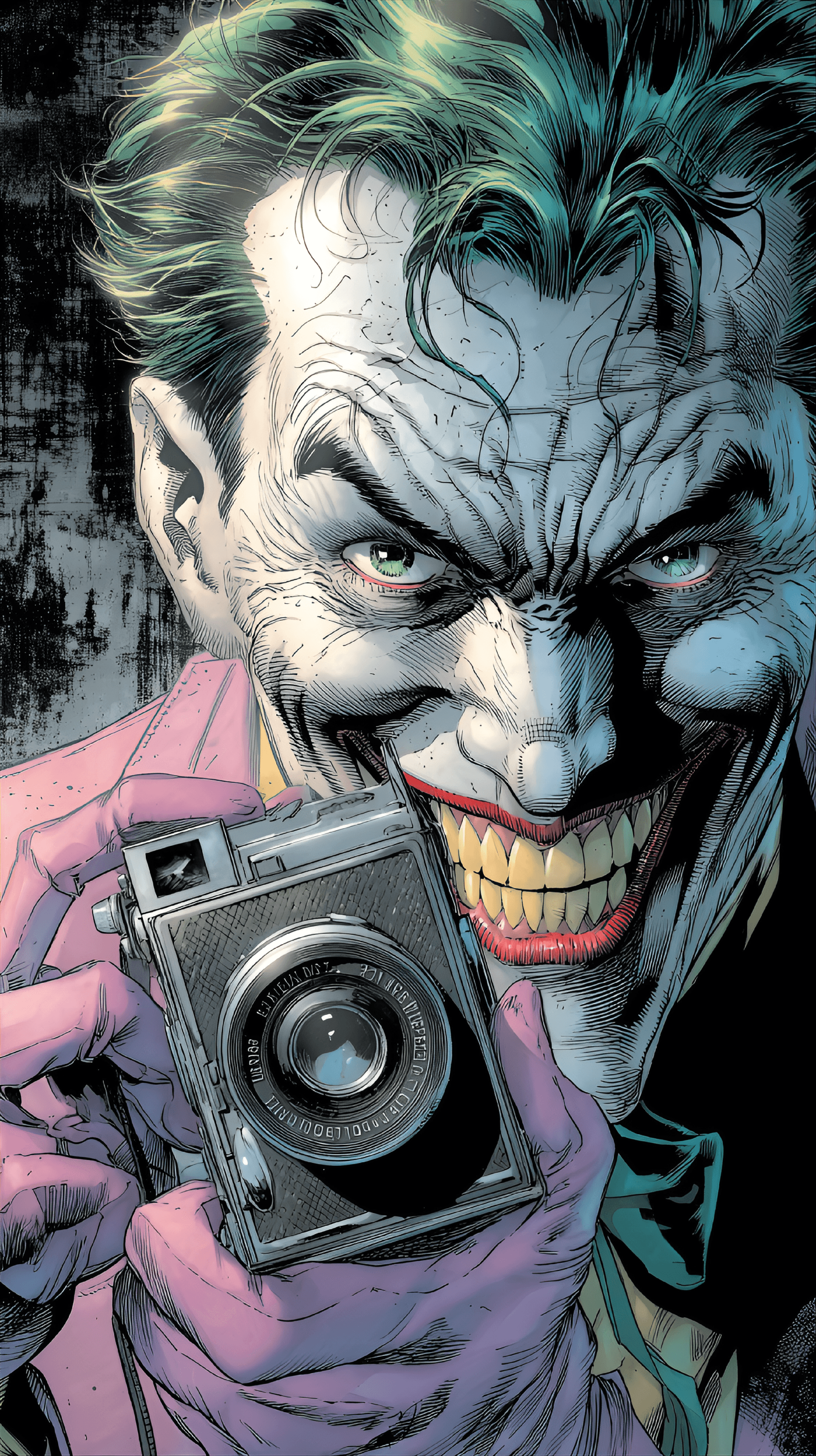 AI generated: Dynamic comic book illustration of the DC Comics Joker in a close-up portrait. He holds a vintage bo...