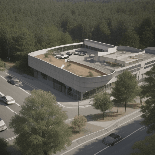 AI generated: ((A commercial center)),*curve concept, have four entrance steps, view to the forest, next to the ma...