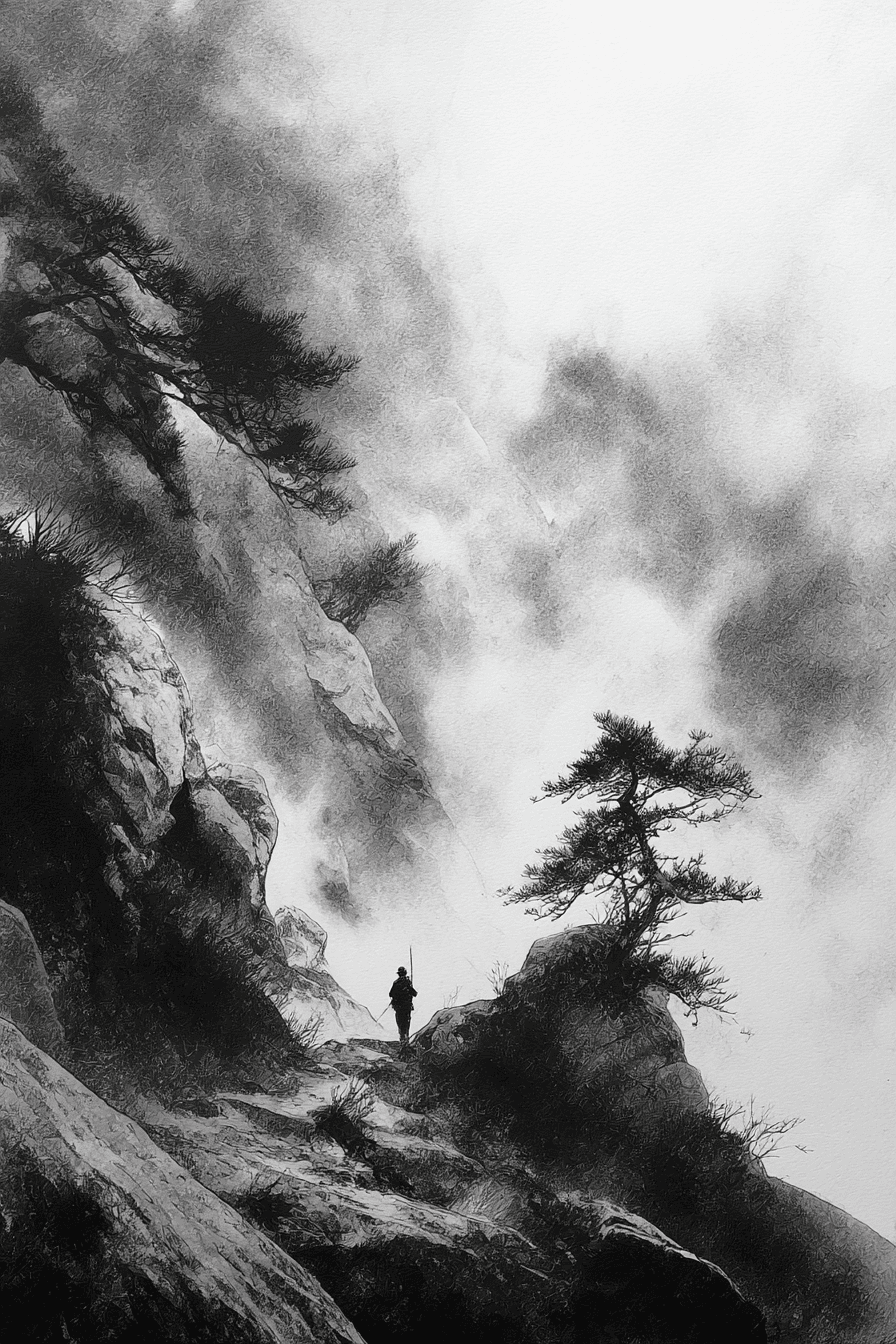 AI generated: traveler, depicted in traditional japanese sumi-e illustrating crossing a misty mountain pass, intri...