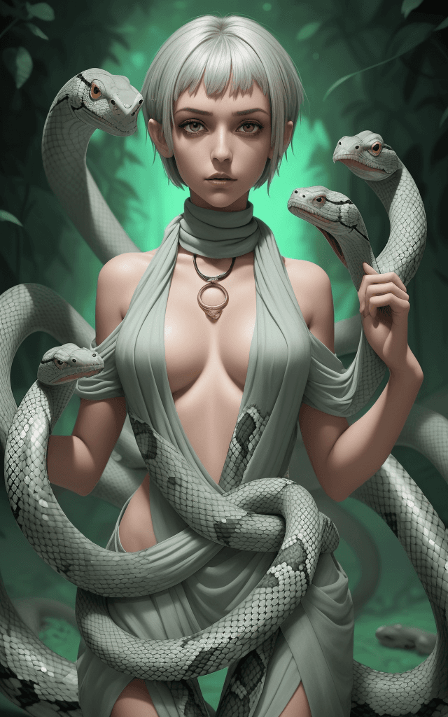 AI generated: Tia is shown to have a fairly slender figure. She has white-grey hair , she has short hair and large...