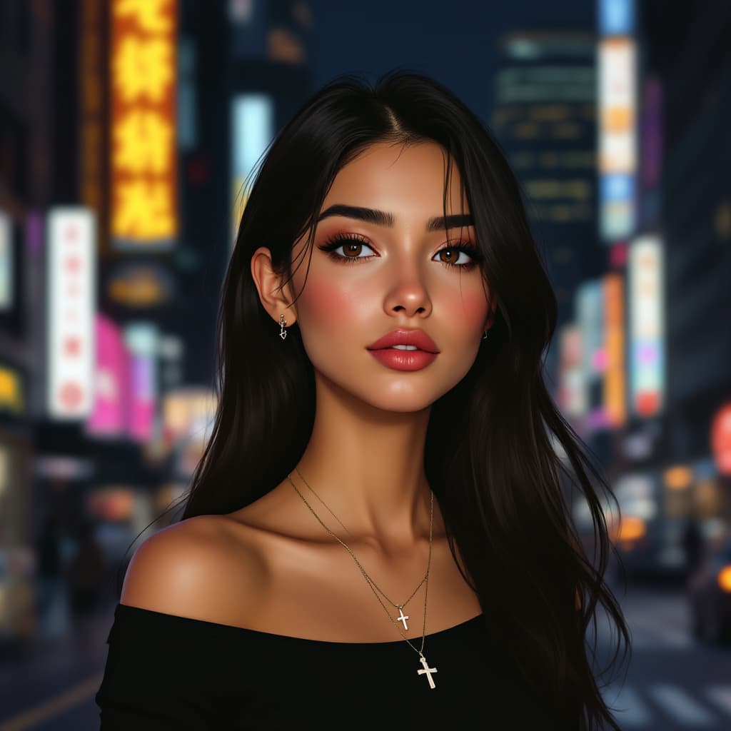 AI generated: Young adult female with an oval-shaped, symmetrical face and soft, balanced features. Almond-shaped ...