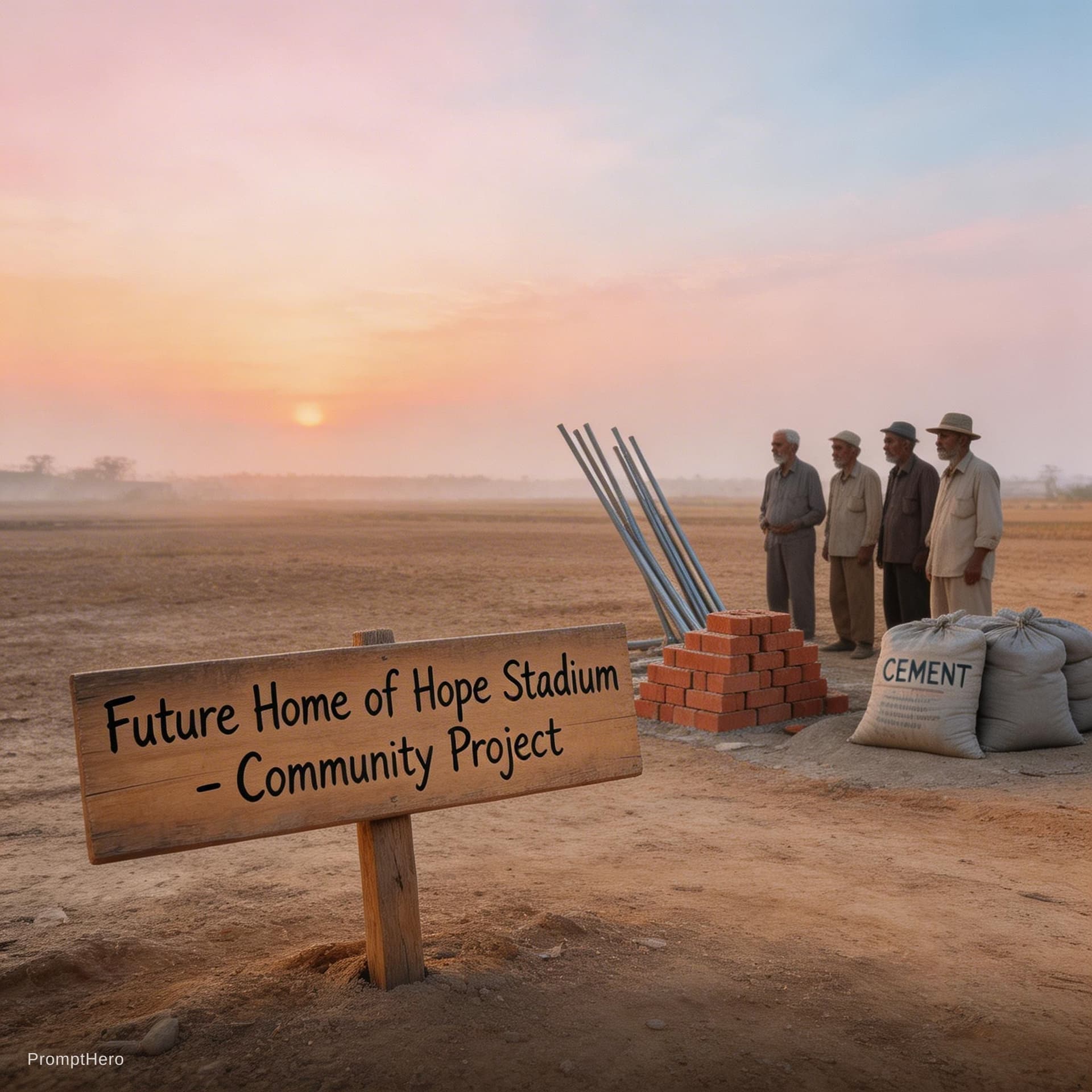 AI generated: Same camera position, now empty dusty field at dawn. A weathered wooden sign hammered into ground: "...