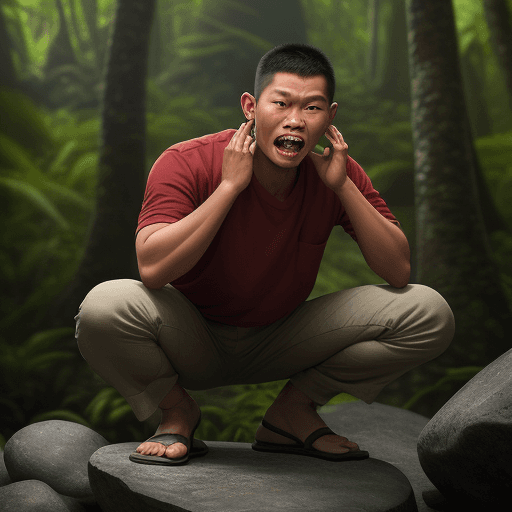 AI generated: an Indonesian guy, opened his mouth as wide as possible, until his teeth were visible, the guy put o...