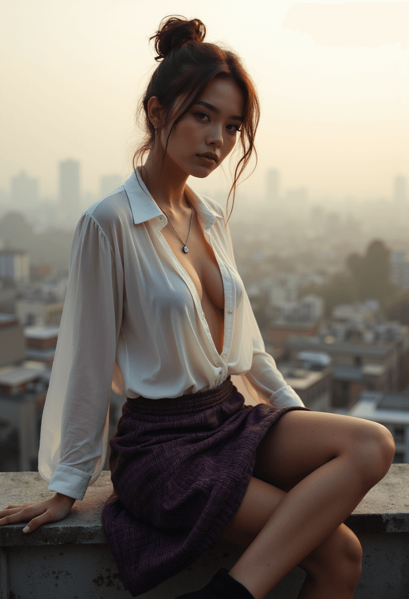 AI generated: A woman, viewed from the side, with bronze hair in a messy bun, sapphire eyes, and a silver pendant ...