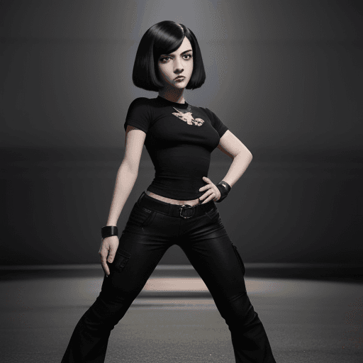 AI generated: A woman with short, dark, straight hair wearing a black t-shirt, military pants, and combat boots in...