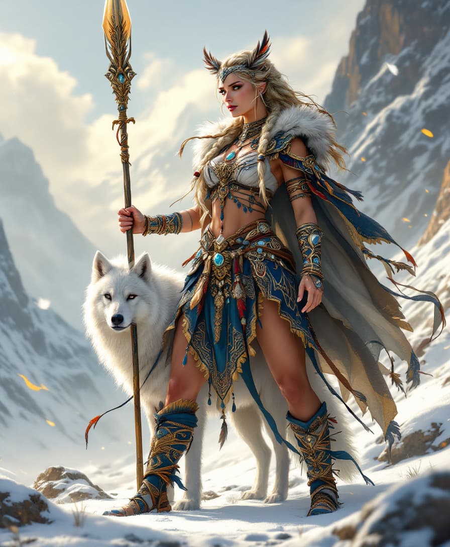 AI generated: "A highly detailed and ethereal fantasy illustration of a fierce female warrior in full-body view, s...
