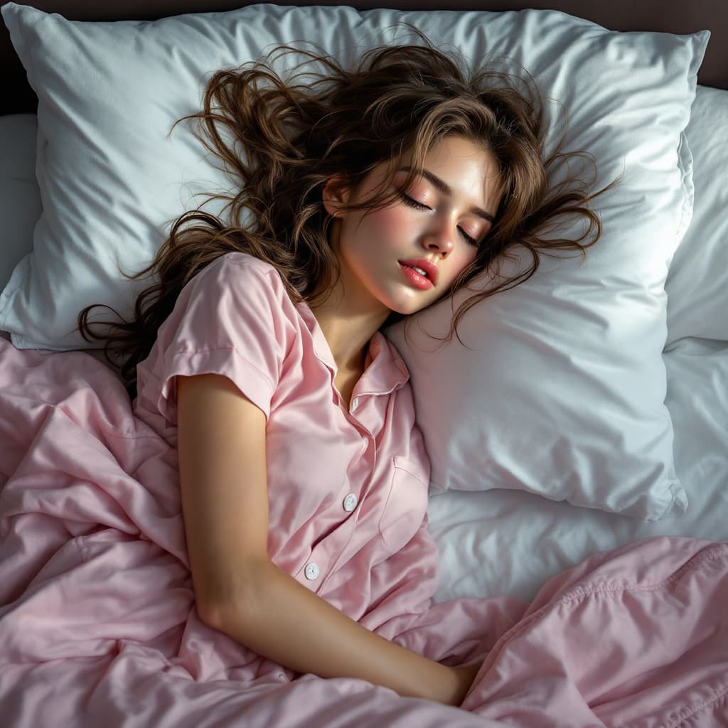 AI generated: Sleeping girl, 22 years old, realistic, she is wearing long pants, she is wearing pink pajama, brown...