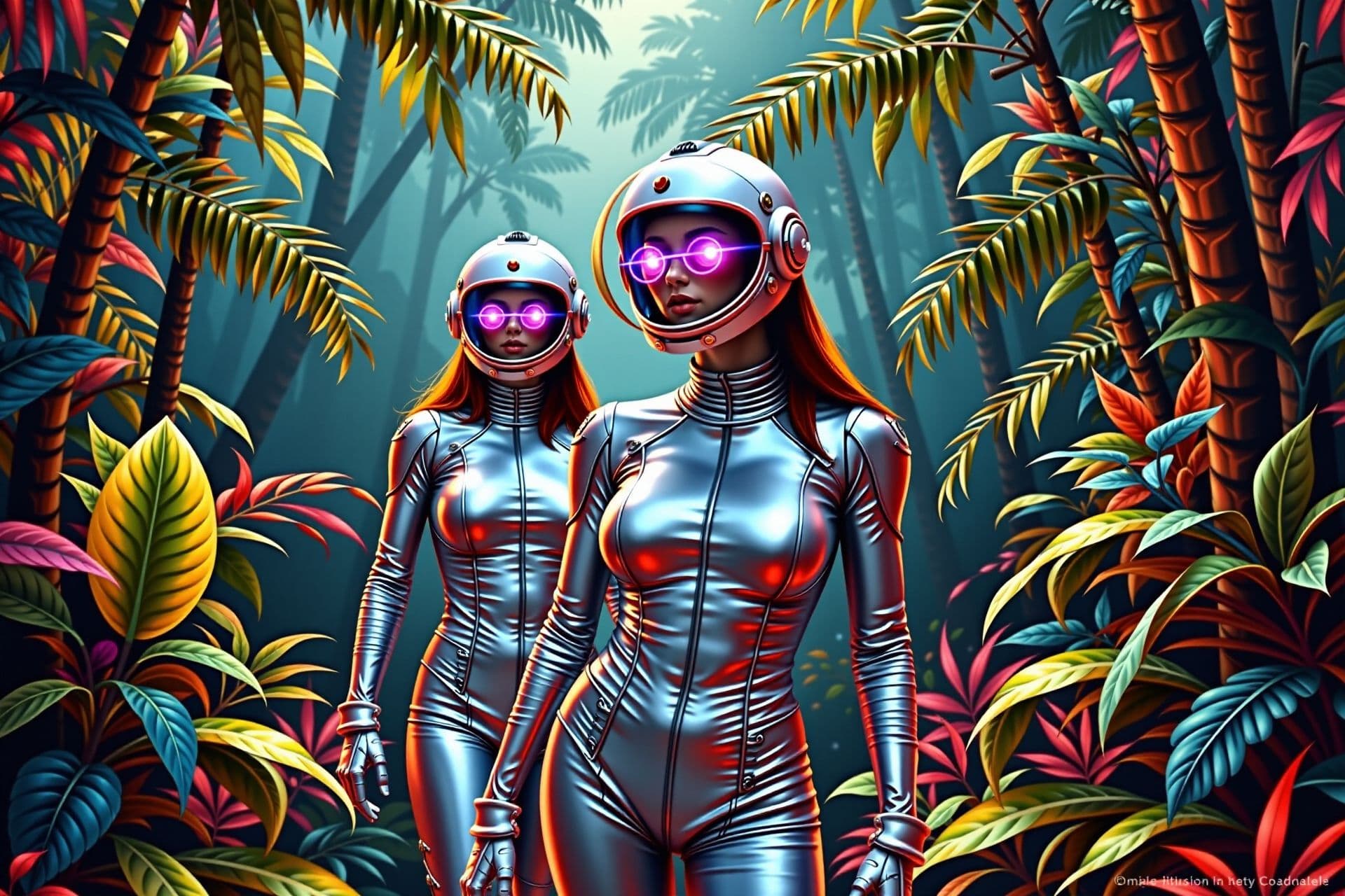 AI generated: alien jungle exploration, women in tight silver suits with scanners, glowing retro plants, bubble he...