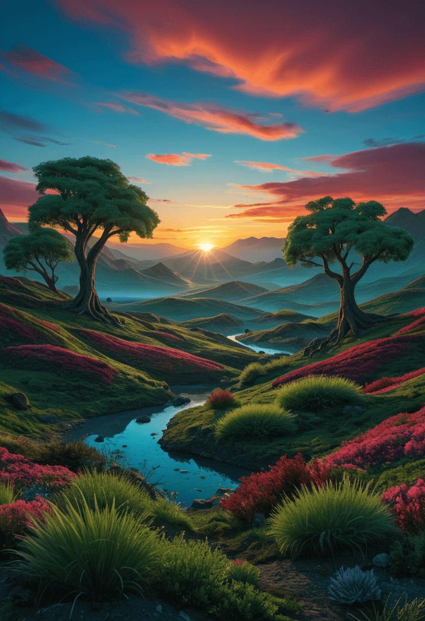 AI generated: Fantasy landscape,sunset,dynamic colors,bioluminescent alien plants,nebula,highres,realistic