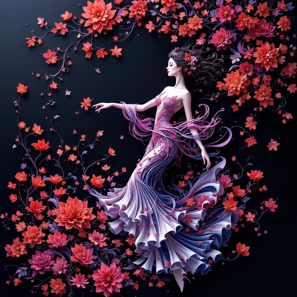 AI generated: Elegant female figure dancing, 3D paper quilling style, layered paper art, thread-like texture, grac...