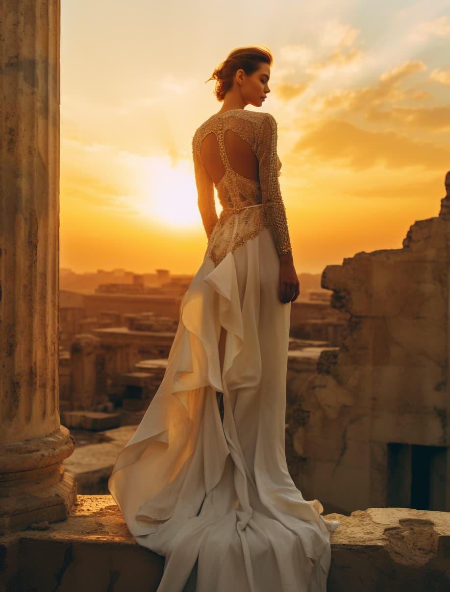 AI generated: a woman in a white dress standing on a ledge, looks like ebru şahin, sunset photo at golden hour, st...