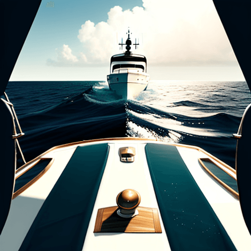 AI generated: view from bow of yacht in the middle of a calm ocean with horizon and hazy clouds
