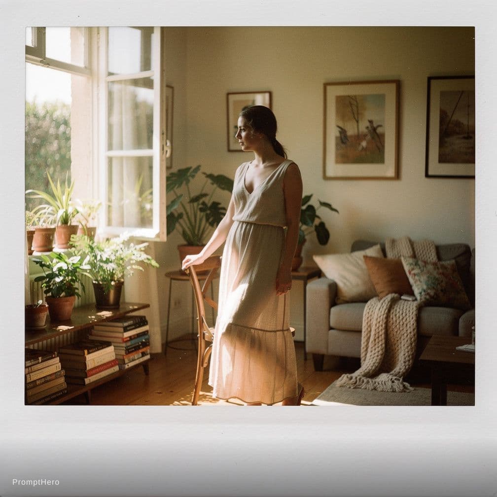 AI generated: a serene and intimate scene of a woman standing gracefully in a cozy living space, wearing a light, ...