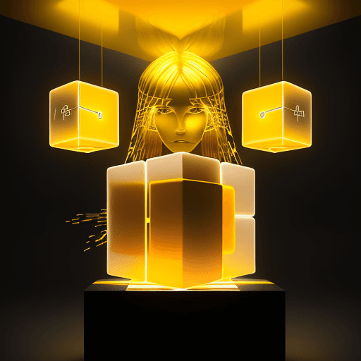AI generated:  abstract representation of a blonde woman, with floating neon cubes spelling out "AI," set against ...