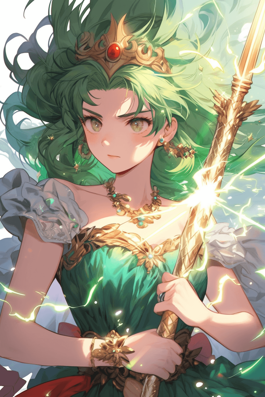 AI generated: A mischievous princess in jeweled tiara, holding a sparkling patterned wand, emerald green eyes, epi...