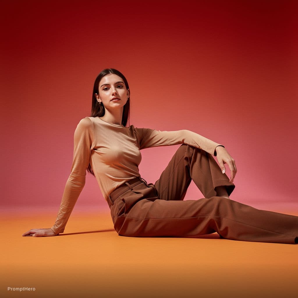 AI generated: wide and low angle, cinematic, fashion photography for the brand Uniqlo. Woman sitting on floor wear...