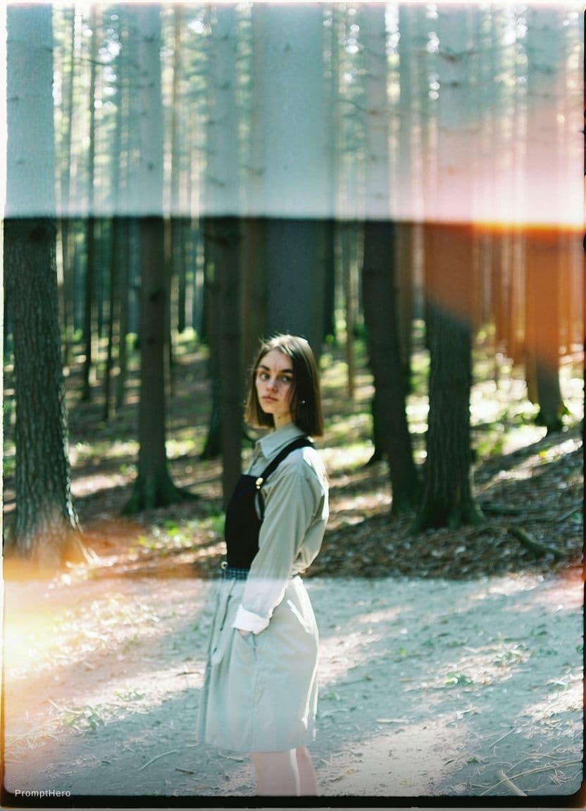 AI generated: A cinematic portrait of a me standing in a quiet forest, captured in a spontaneous moment as i turn ...