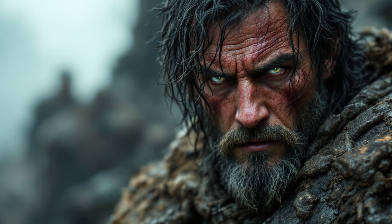 AI generated: The warrior's face is a portrait of exhaustion and determination. His features, once youthful, are n...