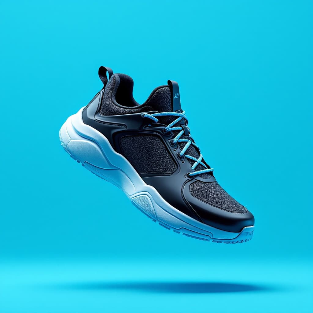 AI generated: mocap shoes, hyperrealistic, in air,
no effects
black, white, aquamarine
in profile, minimalist, aut...
