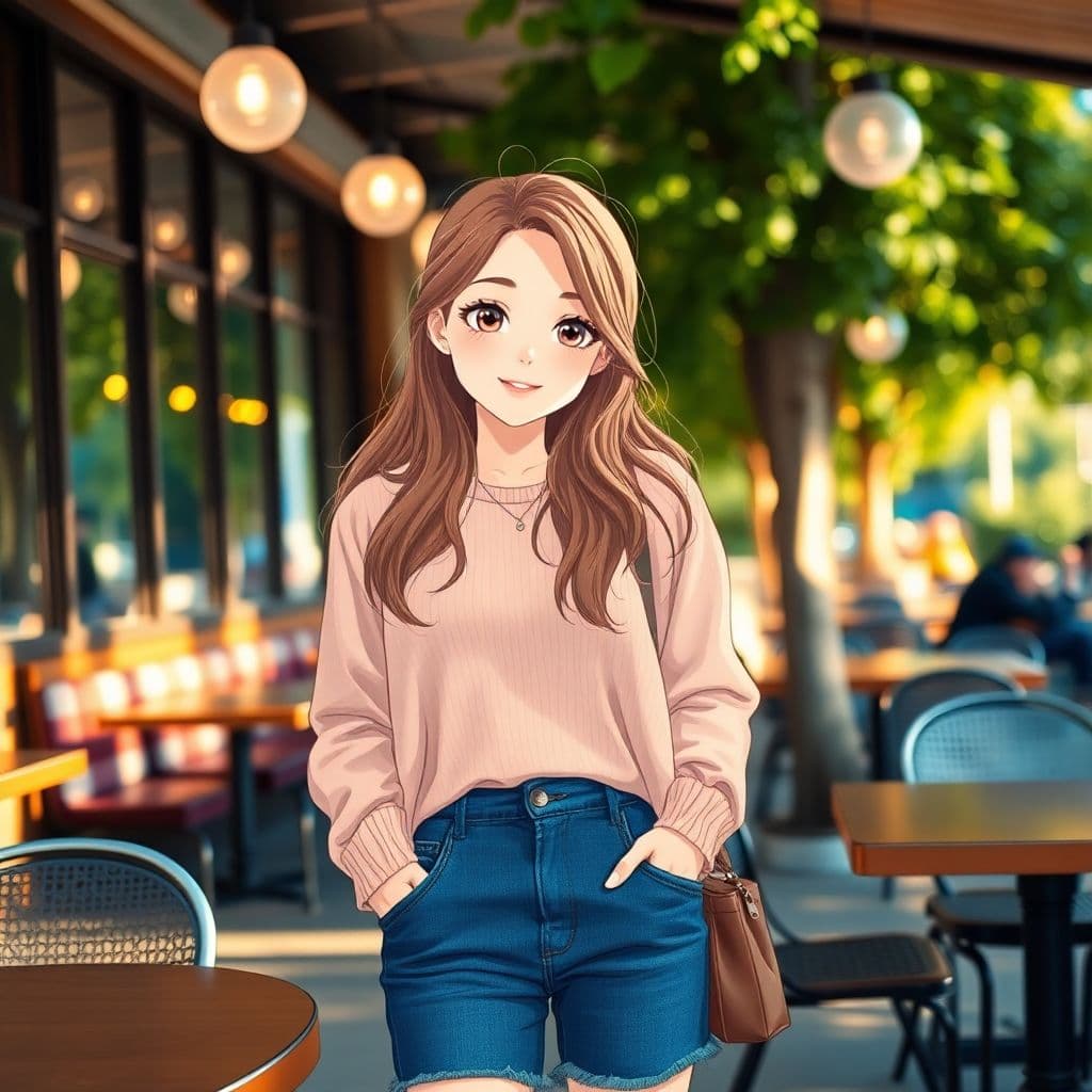 AI generated: She is fully dressed in casual chic clothes, standing or sitting in a cozy outdoor café or park sett...
