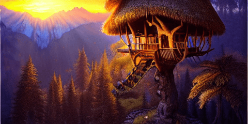AI generated: valley, fairytale treehouse village covered,, matte painting, highly detailed, dynamic lighting, cin...