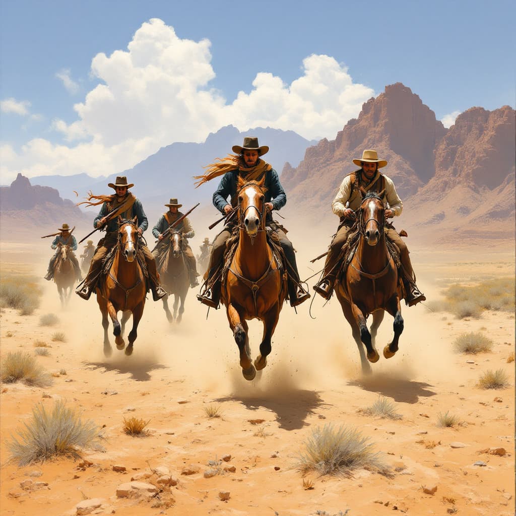 AI generated: A dramatic Wild West scene featuring cowboys riding horses at full gallop across a dusty plain, with...