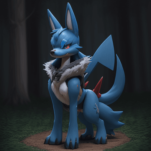 AI generated: lucario standing in a wooded house, detailed,  <lora:Lucario:0.7>, red eyes, spikes, soft smile, amb...