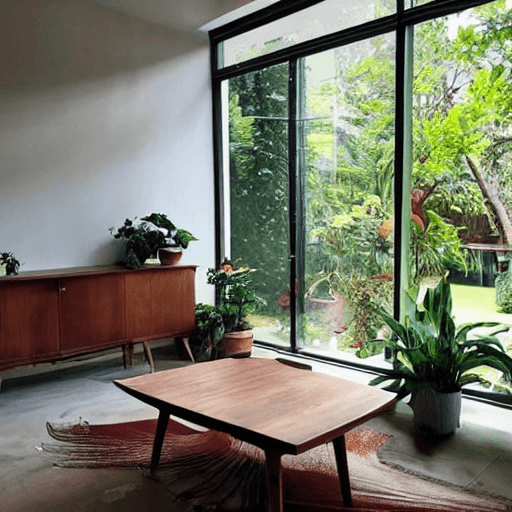 AI generated: environment living room interior, mid century modern, indoor garden with fountain, retro,m vintage, ...